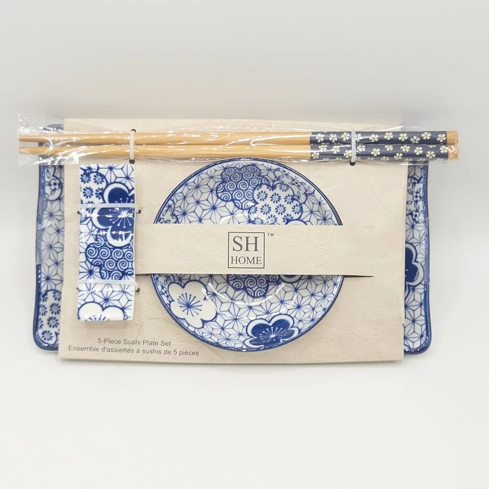 SH Home Set of 2 Ceramic Sushi Serving Plate 8x4.5 Blue White Floral Print 10pcs